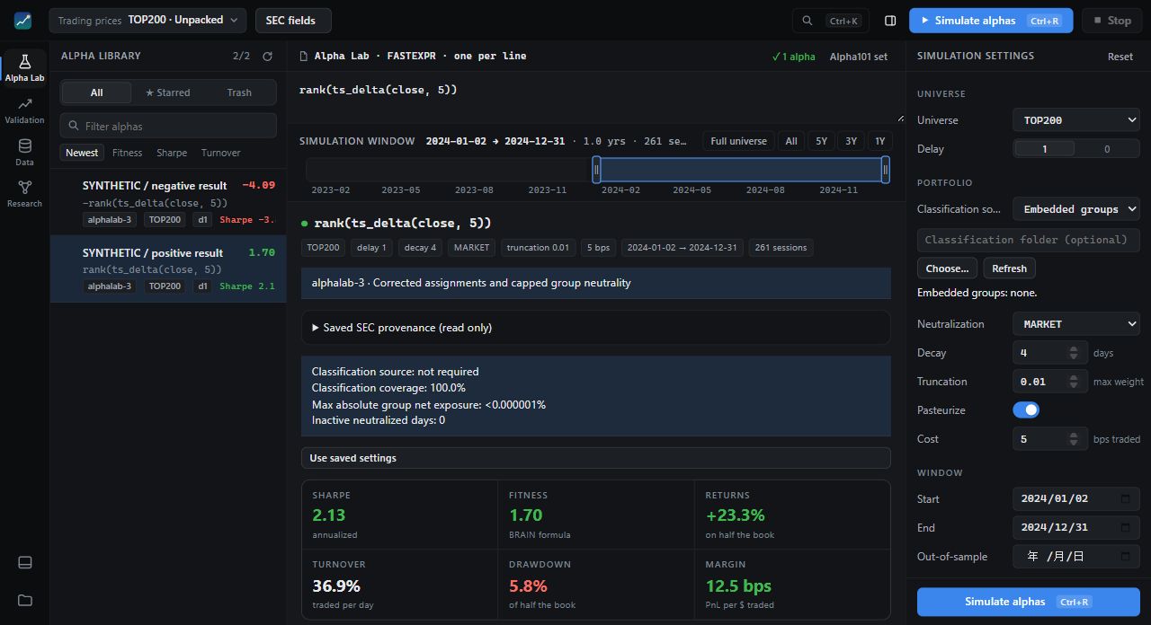 The Tubby console showing Alpha Lab: an expression editor, a simulation window, headline metrics and a cumulative PnL chart, all on synthetic toy data.